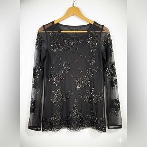 White House Black Market Black Sequin Embellished Sheer Black Formal Blouse